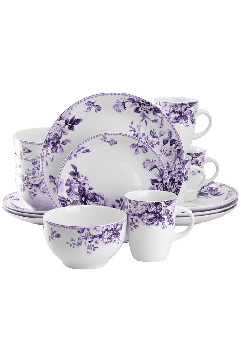 Traditional Purple Rose 16 Piece Stoneware Dinnerware Set, Main, color, Purple