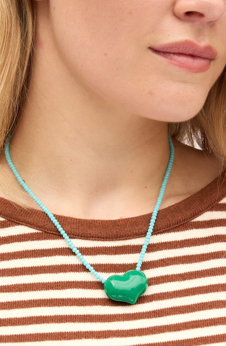 Clare V. Heart Pendant Beaded Necklace, Alternate, color, Evergreen