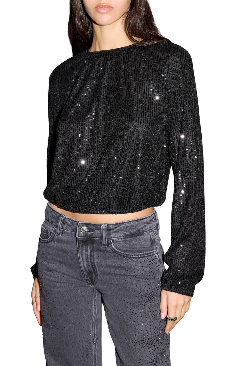 MANGO TEEN Sequin Embellished Crop Top, Main, color, Black