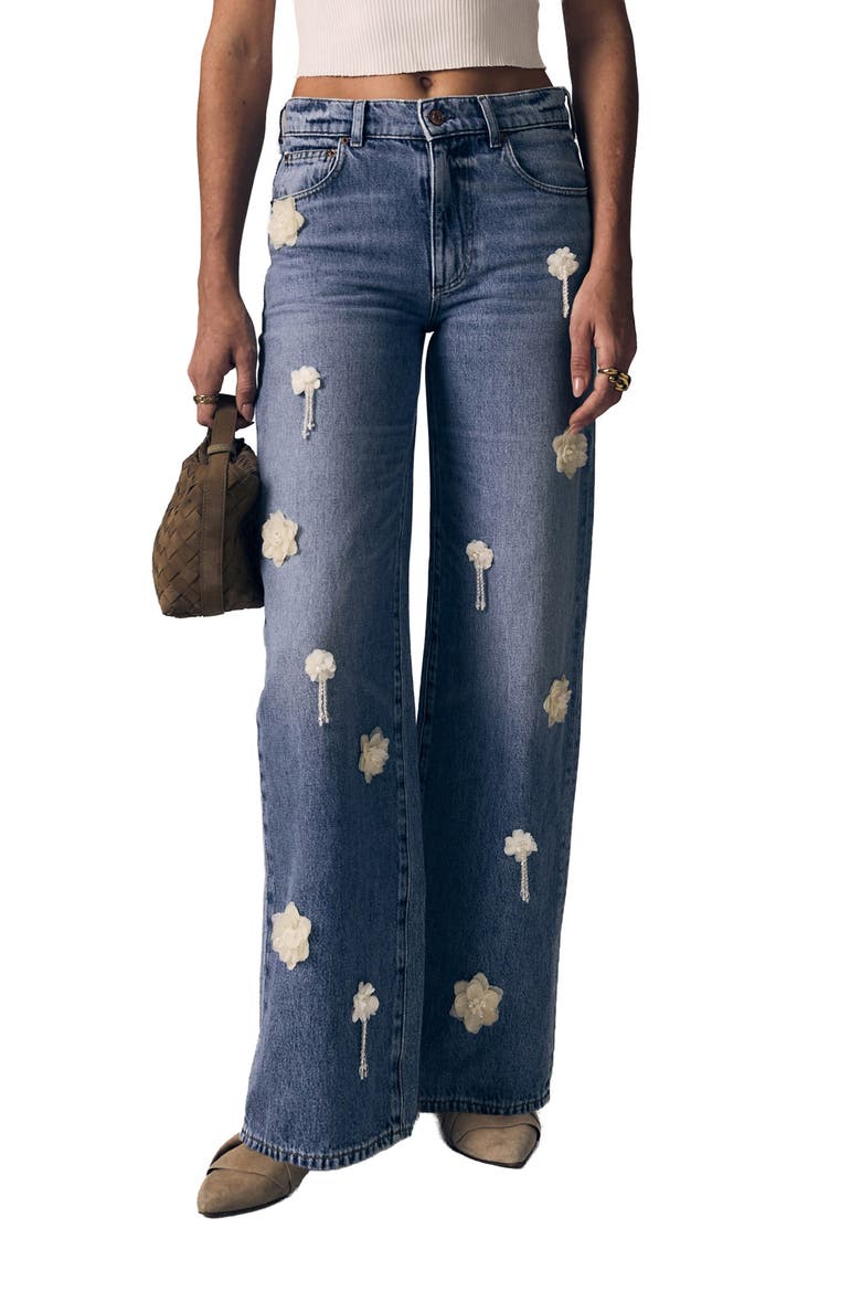 Nomad Flower Appliqué High Waist Wide Leg Jeans, Main, color, MOON FLOWER