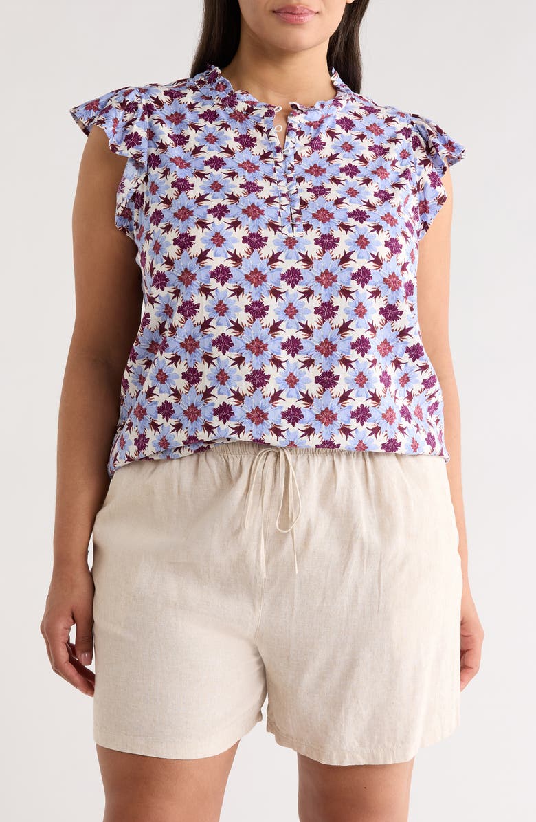 Caslon<sup>®</sup> Flutter Sleeve Print Popover Top, Main, color, Ivory- Purple Millie Tile