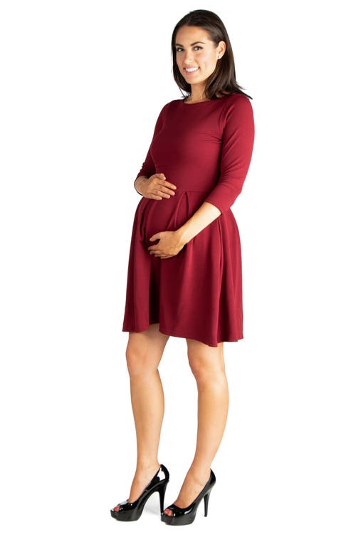 24seven Comfort Apparel Knee Length Fit N Flare Maternity Dress With Pockets In Burgundy