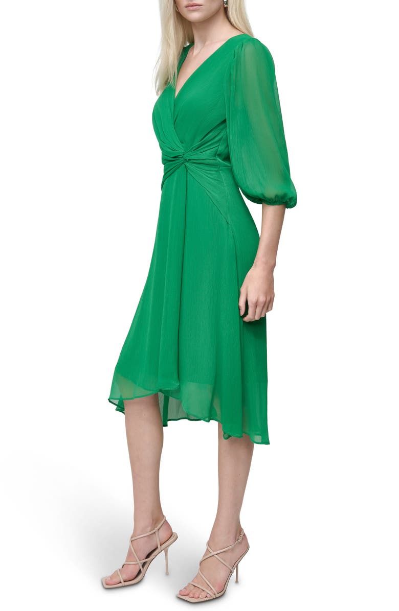 Puff Sleeve Faux Wrap Midi Dress