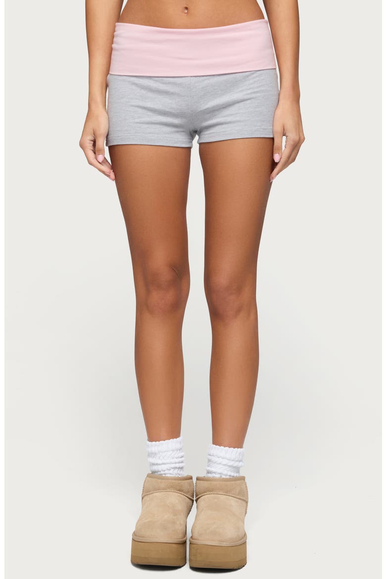 Emmey Contrast Foldover Waistband Shorts, Main, color, GRAY-MELANGE-AND-LIGHT-PINK