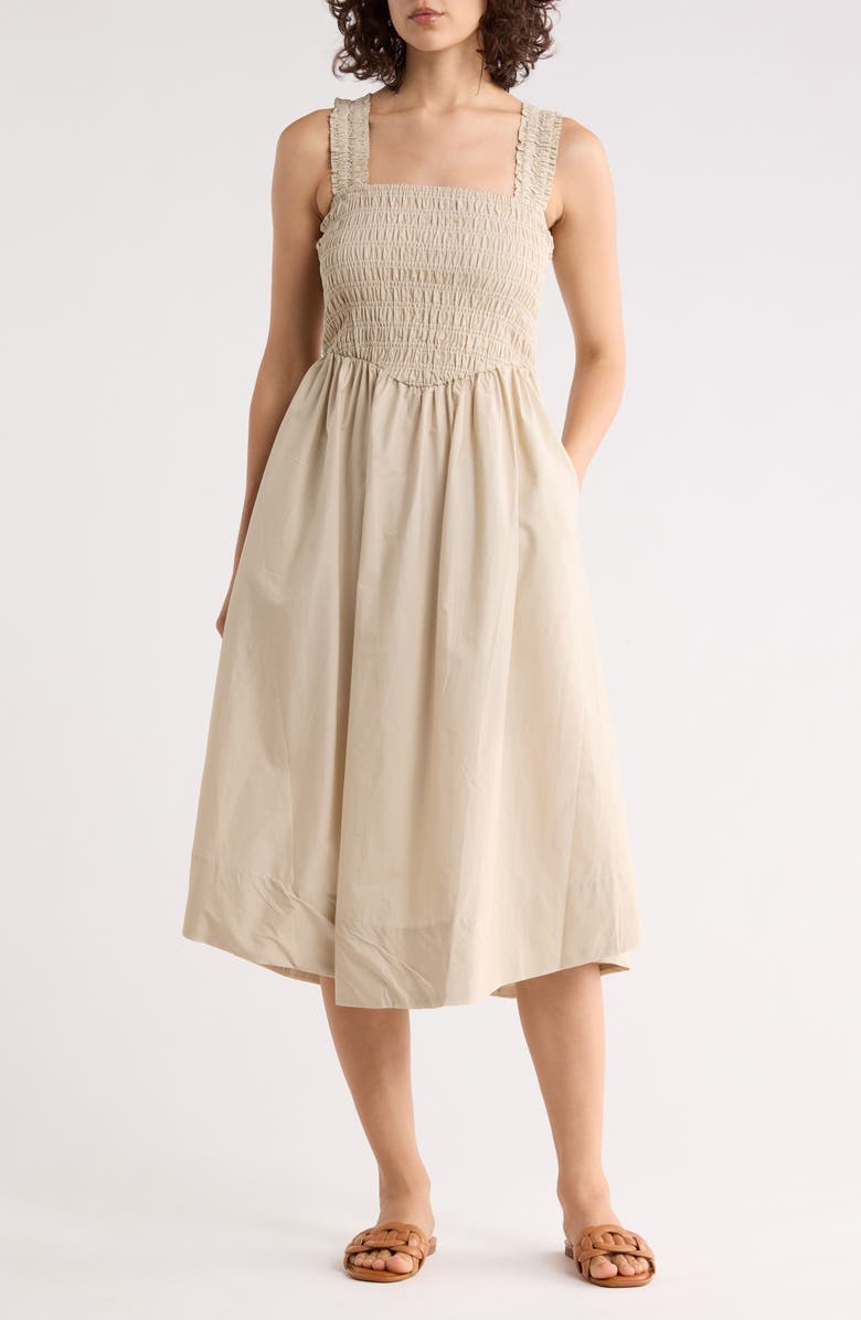 Ellen Tracy Smocked Cotton Poplin Fit & Flare Dress, Main, color, Stone