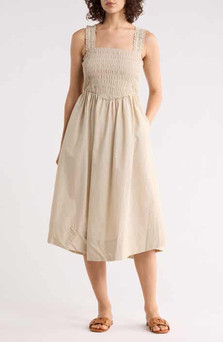 Ellen Tracy Smocked Cotton Poplin Fit & Flare Dress