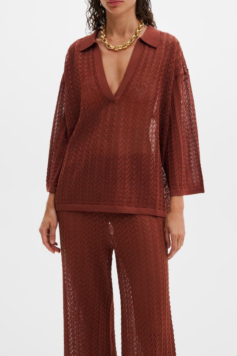 Imene Pointelle Knitted Collared Top, Alternate, color, Rust