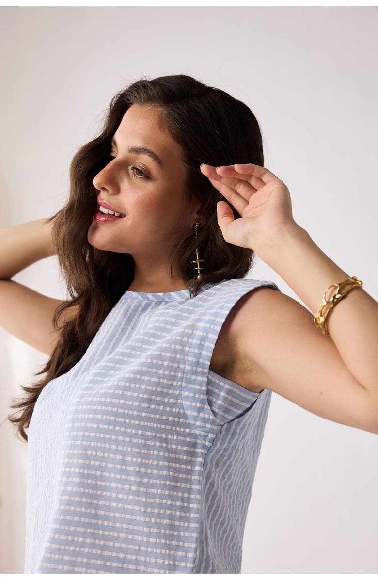 Reistor Button-Back Crew Neck Top in Blue Stripes, Alternate, color, Cloudline