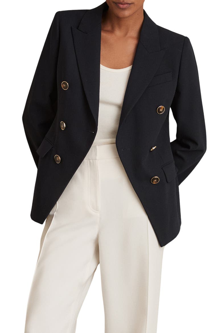 Lia Double Breasted Wool Blend Blazer, Main, color, NAVY