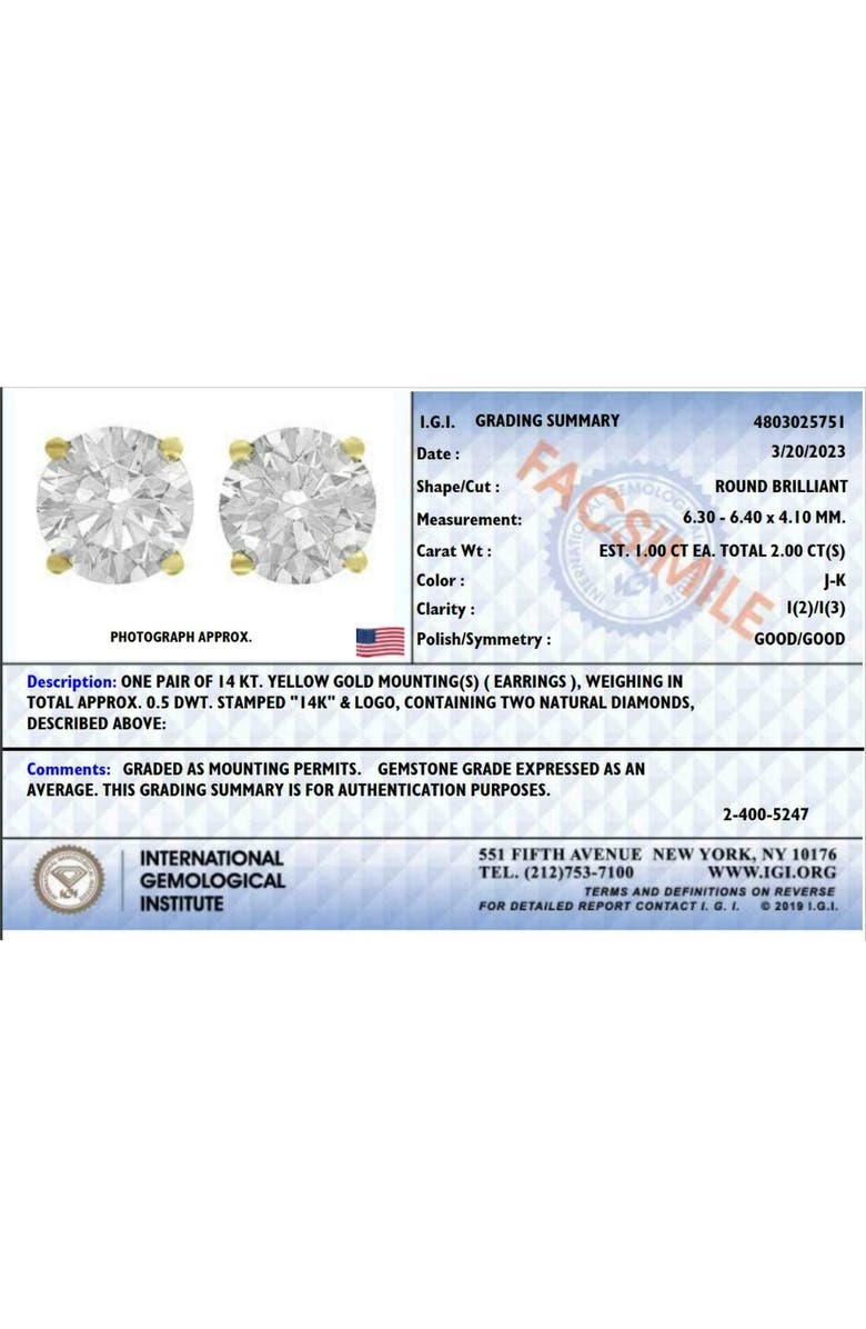 Bliss Diamond 2 Ct Certified Diamond Studs With Screw Backs 14k Gold, Alternate, color, 