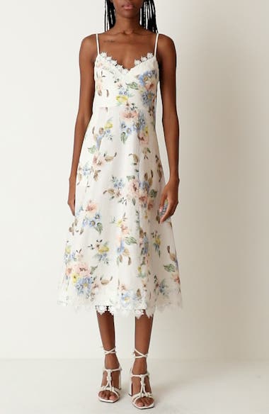 Lace Trimmed Floral DressサイズS Floral V-Neck Lace-Trim Midi Dress