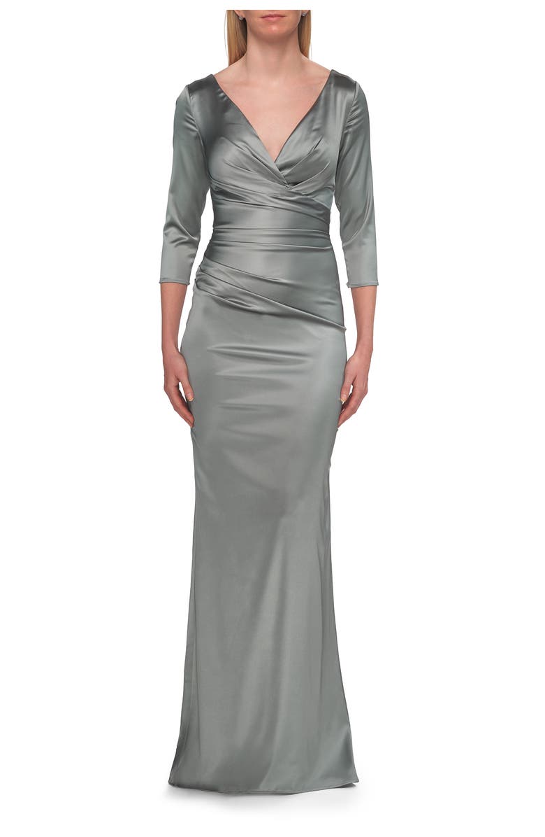La Femme V-Neck Satin Gown with Ruched Bodice and Sleeves, Main, color, Dusty Sage