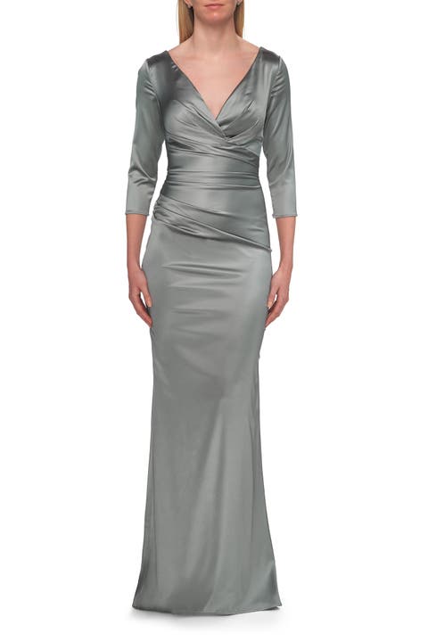 V-Neck Satin Gown with Ruched Bodice and Sleeves
