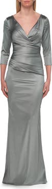 La Femme V-Neck Satin Gown with Ruched Bodice and Sleeves