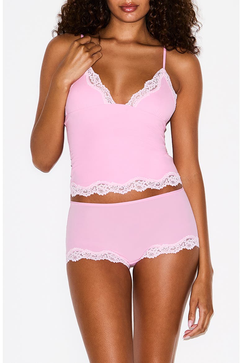 Fits Everybody Lace Trim Crop Camisole & Shorts Pajamas, Main, color, BUBBLEGUM