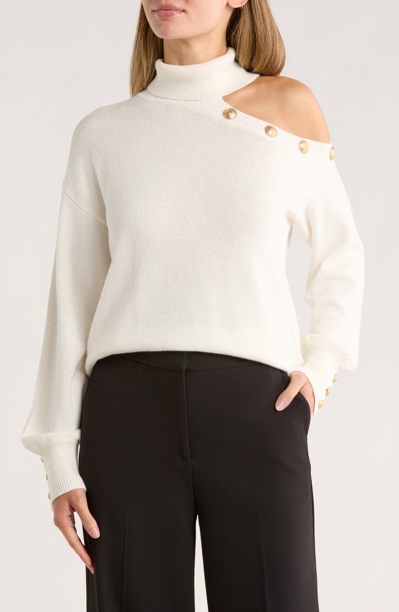 L'AGENCE Brixie Cutout Shoulder Turtleneck Sweater, Main, color, Ivory/ Gold