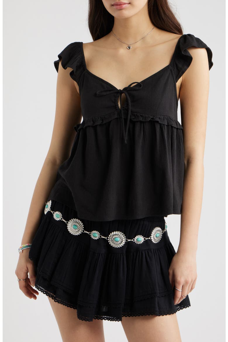 Tie Front Flutter Sleeve Babydoll Top, Main, color, BLACK
