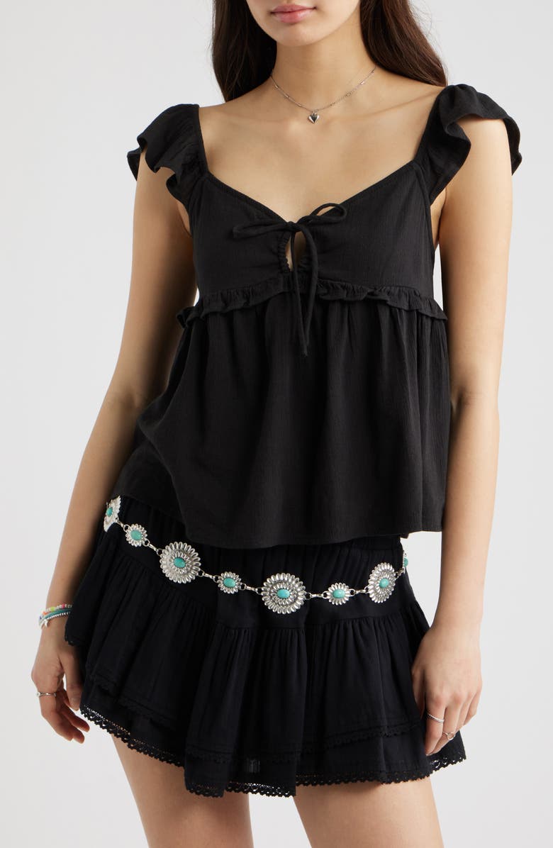 BP. Tie Front Flutter Sleeve Babydoll Top, Main, color, Black