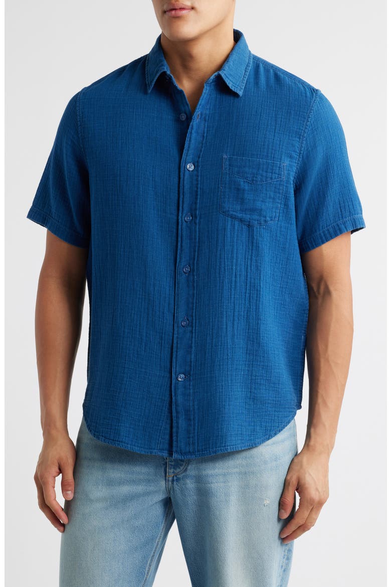 Duo Short Sleeve Gauze Button-Up Shirt, Main, color, BLUE INDIGO WASHED