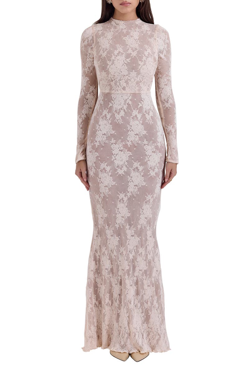 Isoline Lace Long Sleeve Gown, Main, color, TENDER PEACH