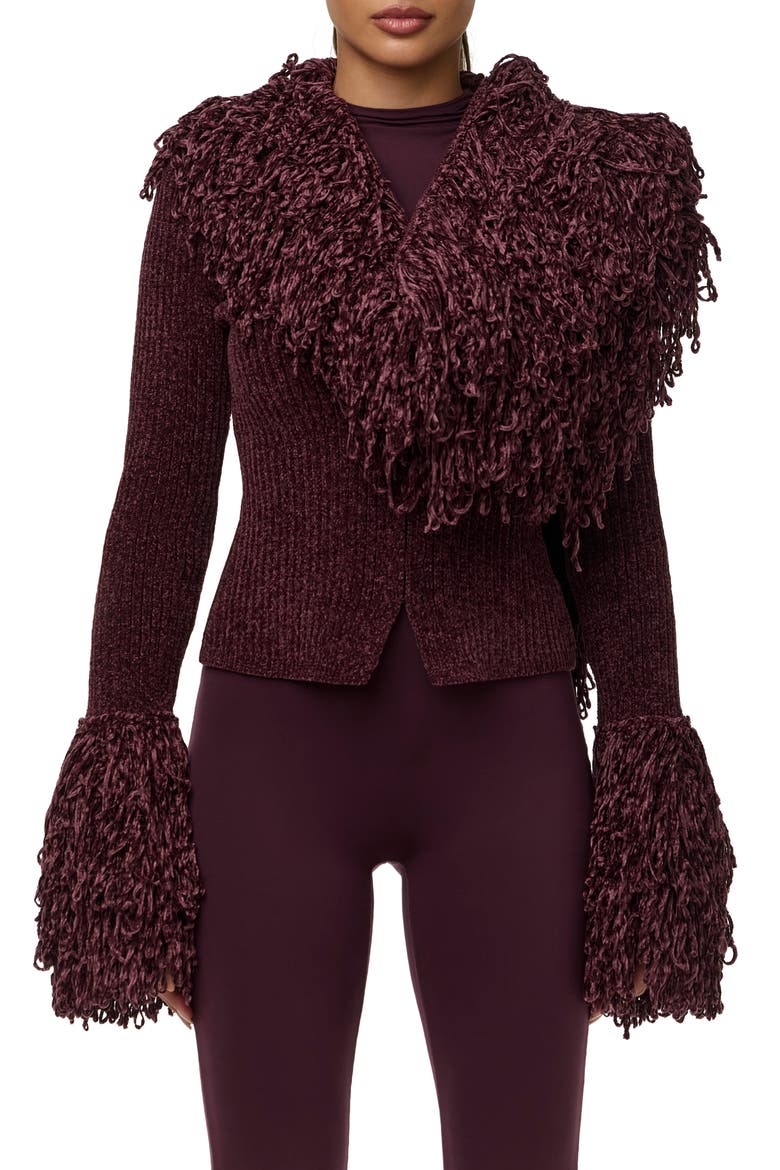 Loop Fringe Ribbed Cardigan, Main, color, PLUM