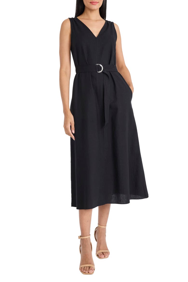 Belted V-Neck Midi Dress, Main, color, BLACK