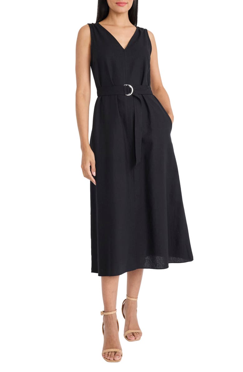 Maggy London Belted V-Neck Midi Dress, Main, color, Black