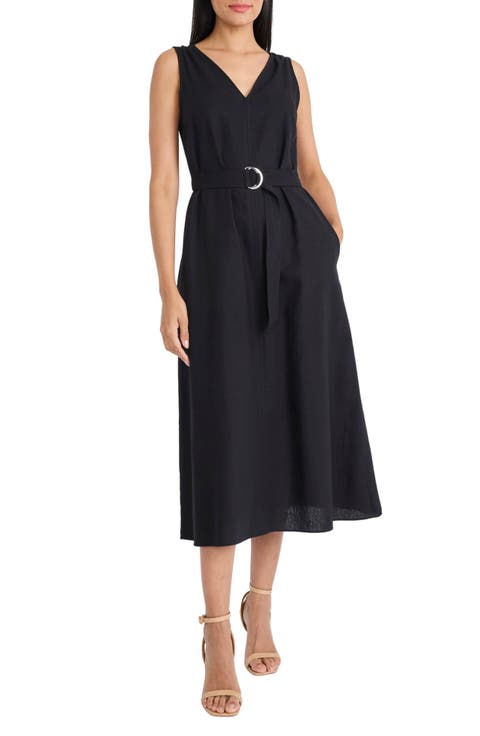 Belted V-Neck Midi Dress