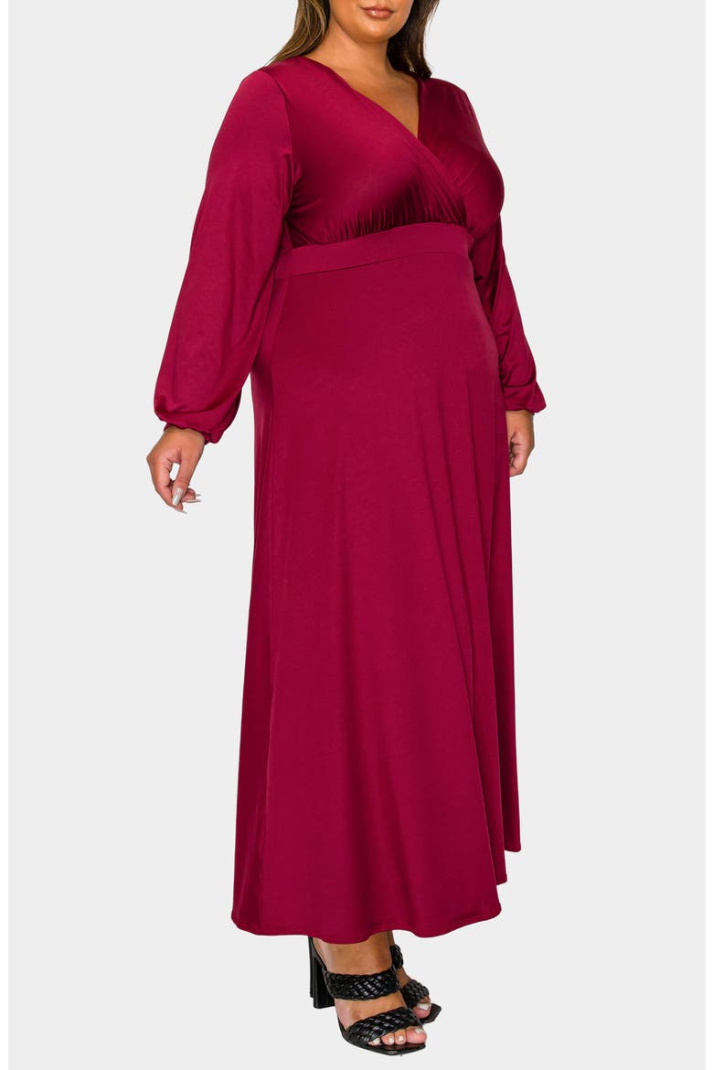 Sophia Surplice Neck Long Sleeve Satin Maxi Dress, Alternate, color, BURGUNDY