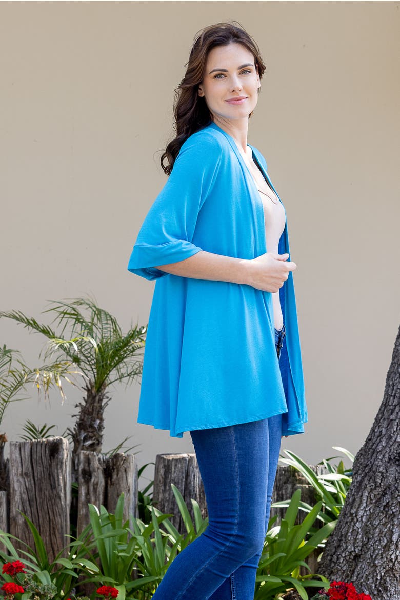 Open Front Elbow Length Sleeve Cardigan, Alternate, color, Turq