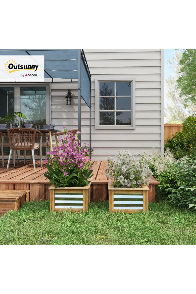 Raised Set of, Stock Tanks for Growing Flowers, Metal Reinforced with Wood, Planters for Plants, Alternate, color, Natural and Silver