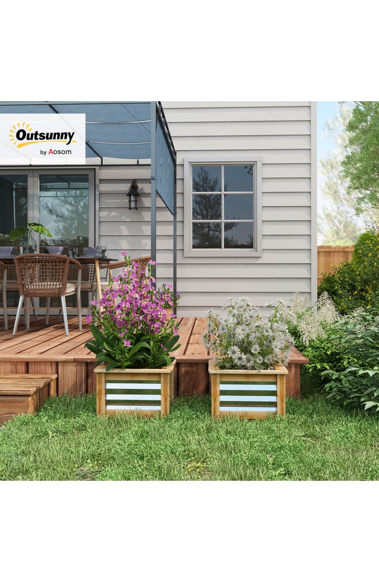 Outsunny Raised Set of, Stock Tanks for Growing Flowers, Metal Reinforced with Wood, Planters for Plants, Alternate, color, Natural And Silver