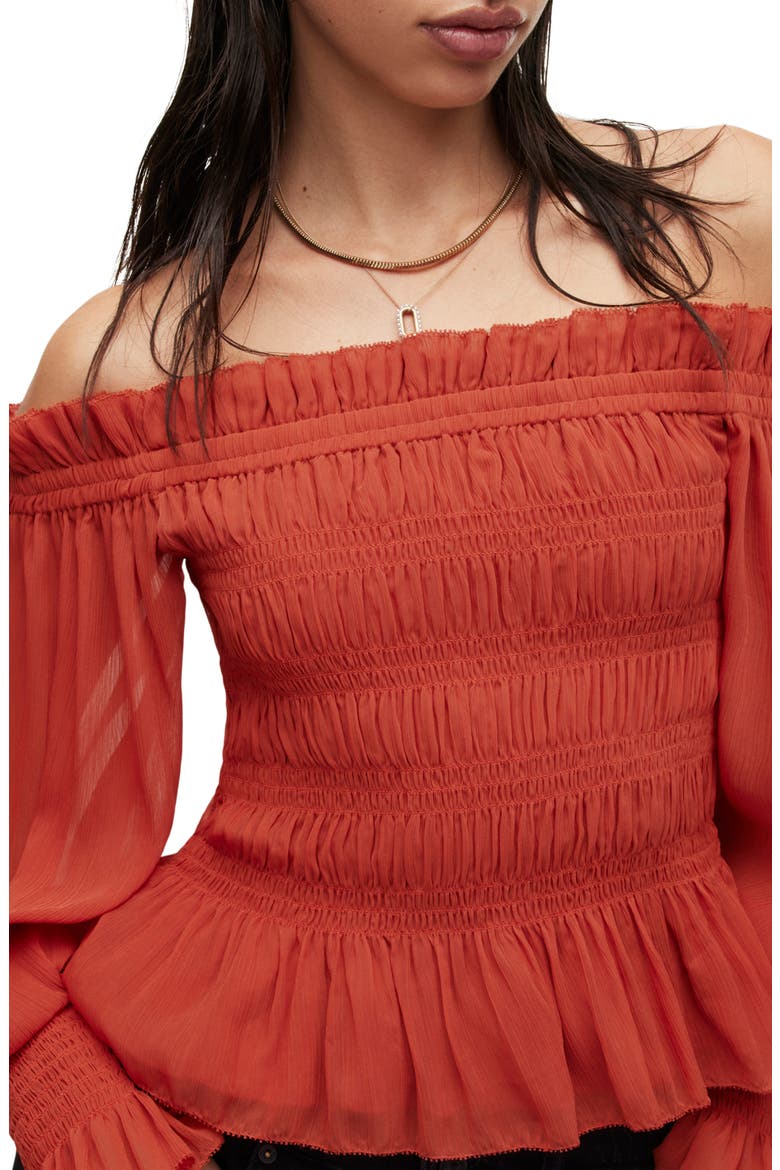 Lara Shirred Off-The-Shoulder Peplum Top, Alternate, color, RED CLAY