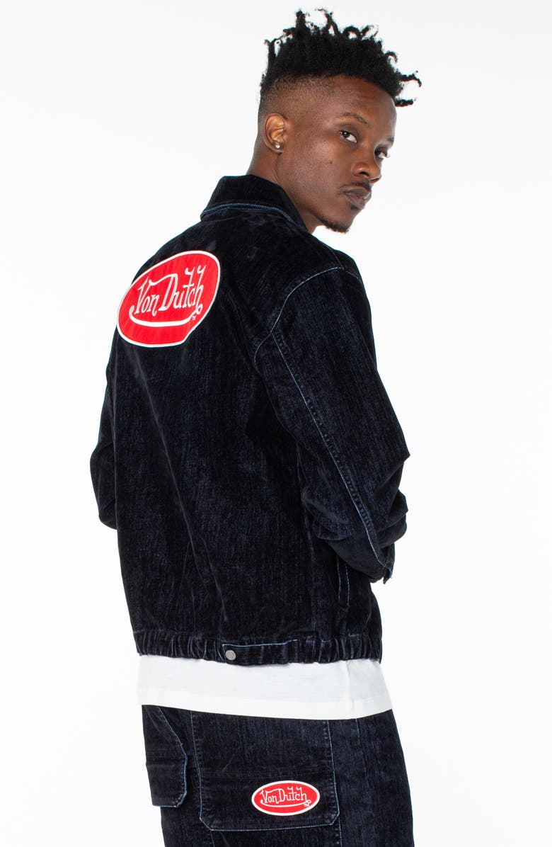 Von Dutch Pagans Flocked Bomber Denim Jacket, Alternate, color, Storm Surge