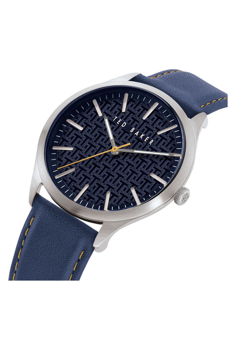 Manhatt Leather Strap Watch, 40mm, Alternate, color, BLUE/ T-PATTERN/ SILVER