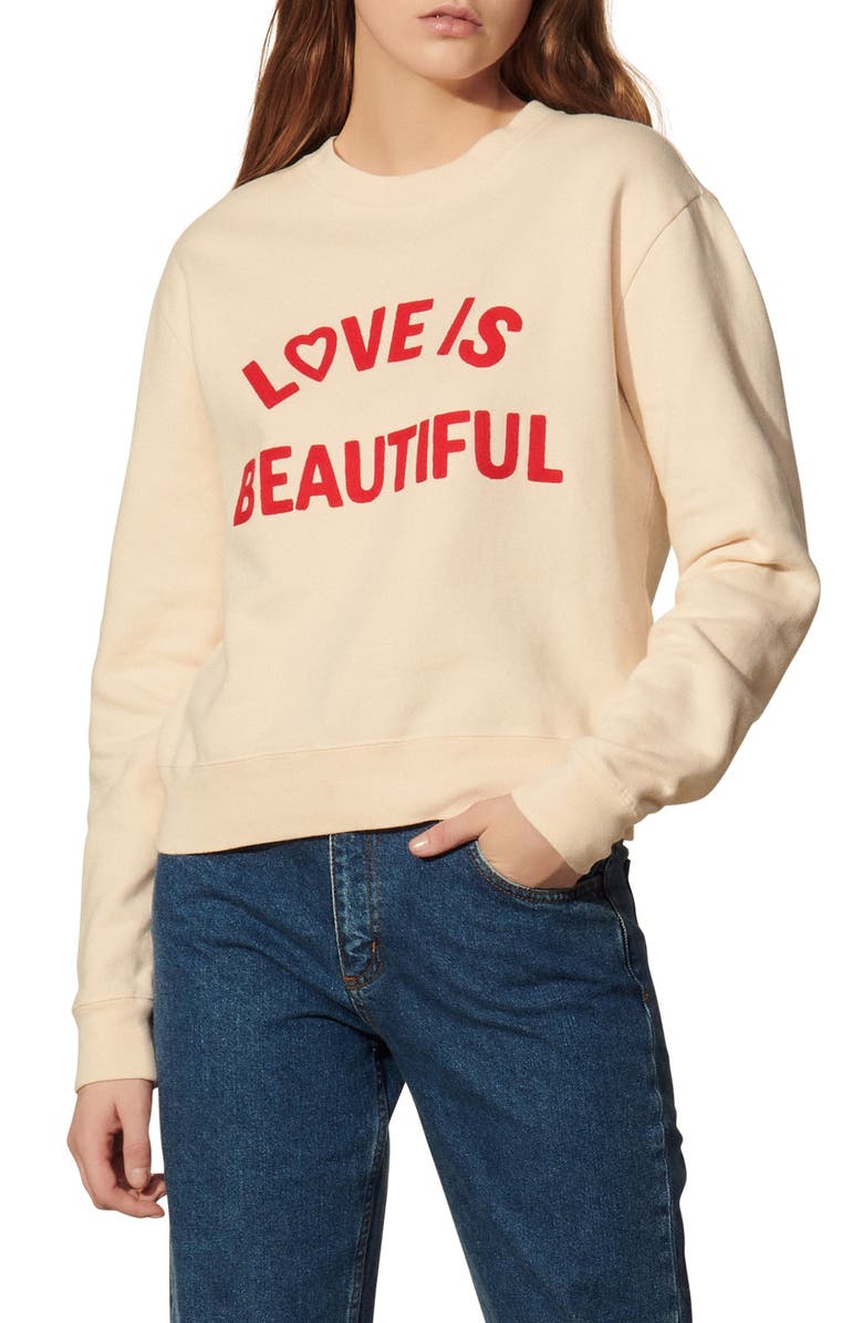 SANDRO Love is Beautiful Embroidered Sweatshirt, Main, color, 