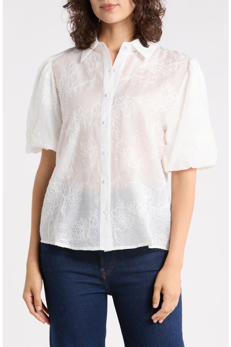 Bubble Sleeve Button Front Shirt, Main, color, WHITE
