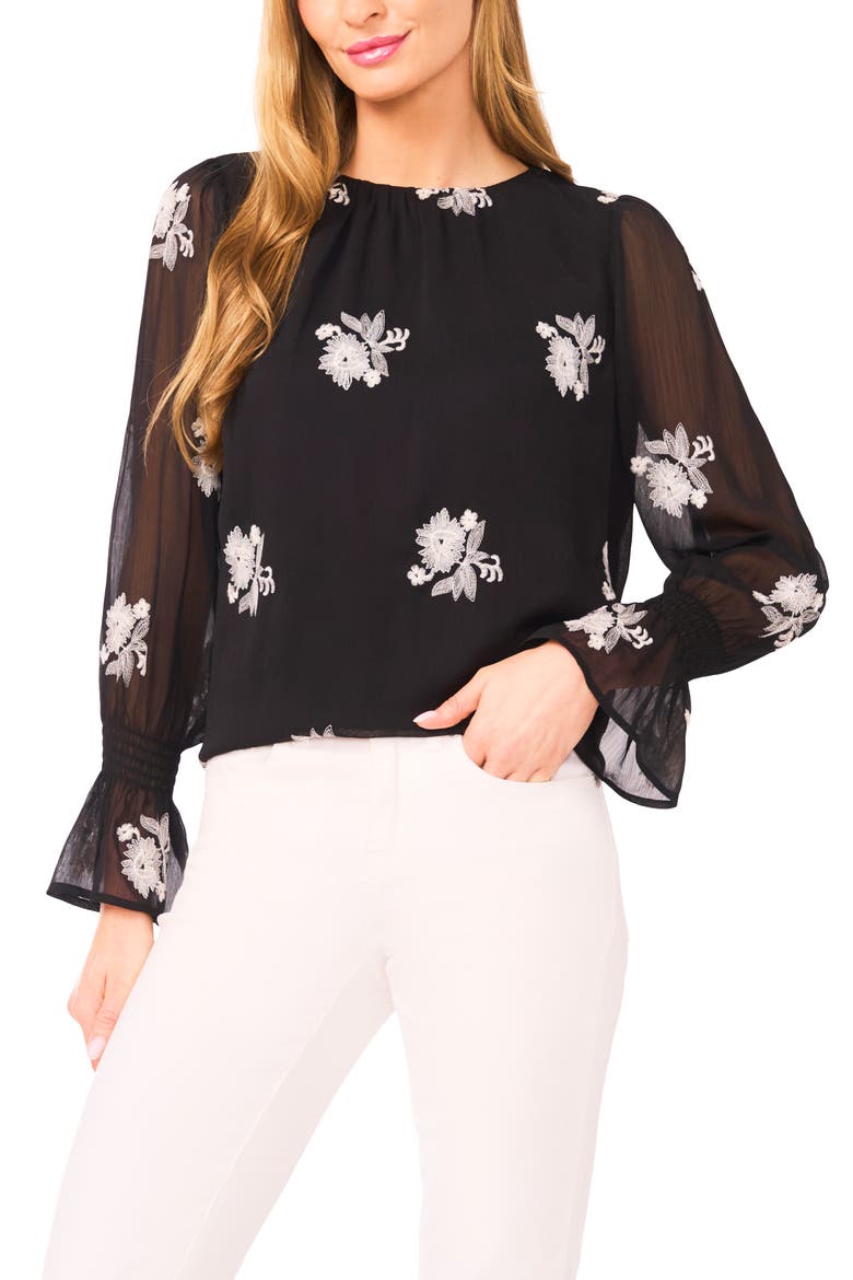 Floral Embroidered Ruffle Cuff Georgette Top, Main, color, RICH BLACK