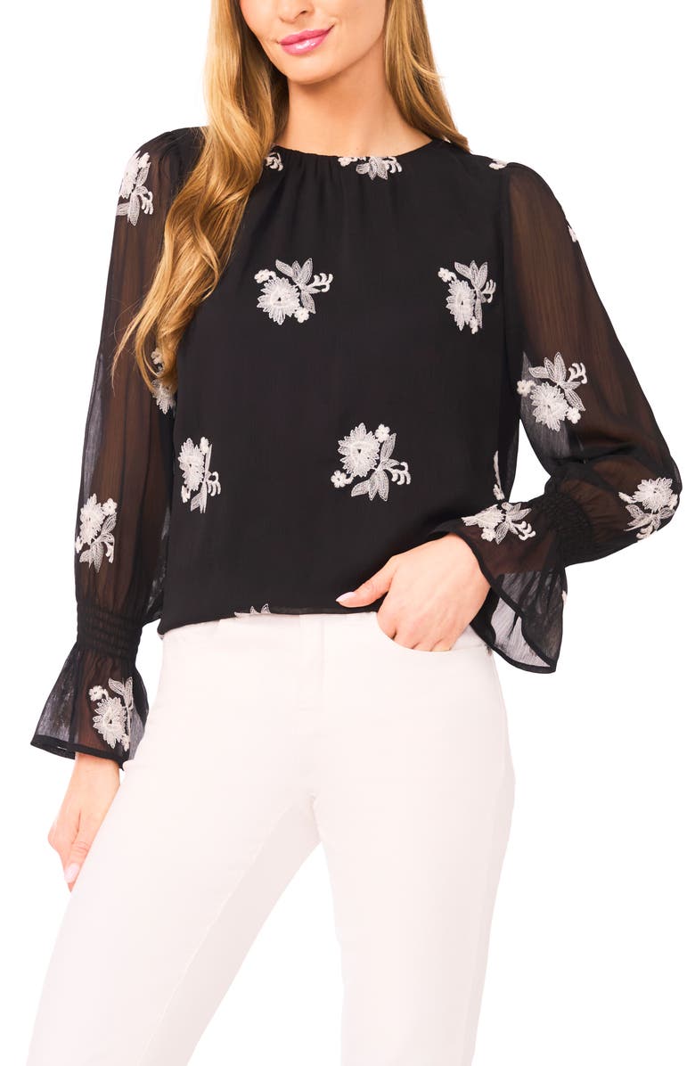 CeCe Floral Embroidered Ruffle Cuff Georgette Top, Main, color, 