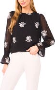 CeCe Floral Embroidered Ruffle Cuff Georgette Top