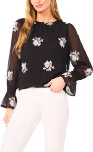 CeCe Floral Embroidered Ruffle Cuff Georgette Top