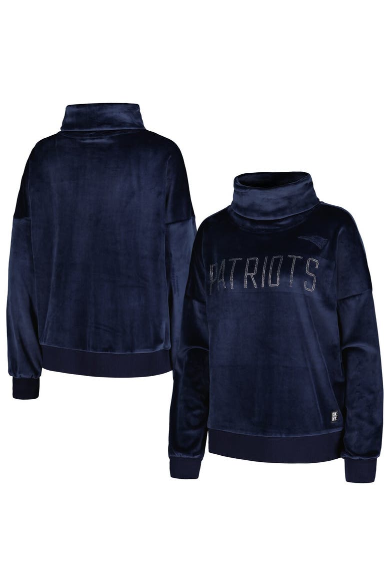 Women's DKNY Sport  Navy New England Patriots Deliliah Rhinestone Funnel Neck Pullover Sweatshirt, Alternate, color, Navy