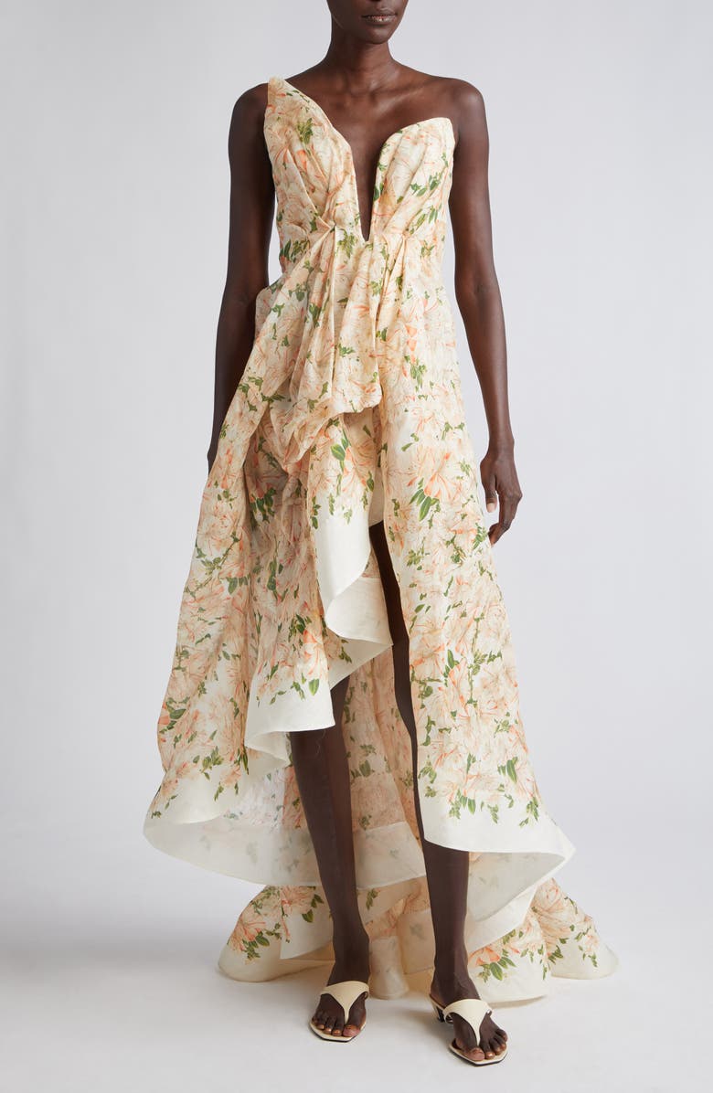 Zimmermann Natura Floral Draped Linen & Silk High-Low Gown | Nordstrom