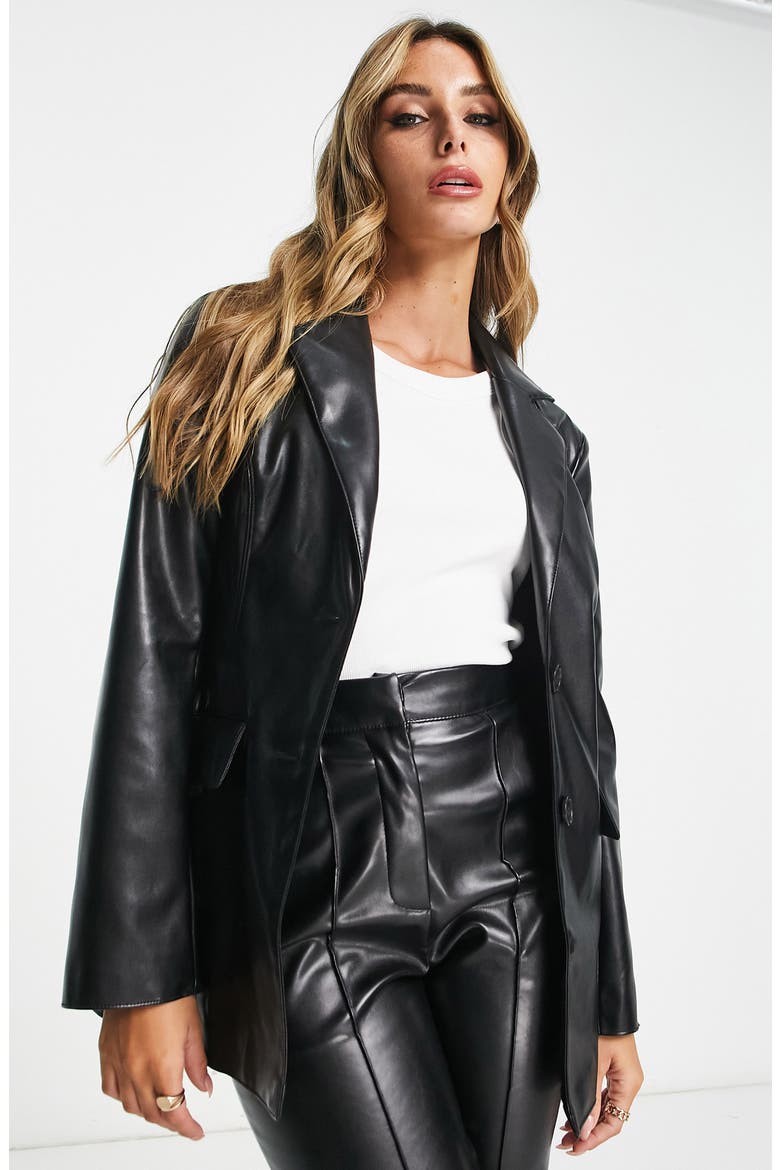 Fitted Faux Leather Blazer, Main, color, BLACK