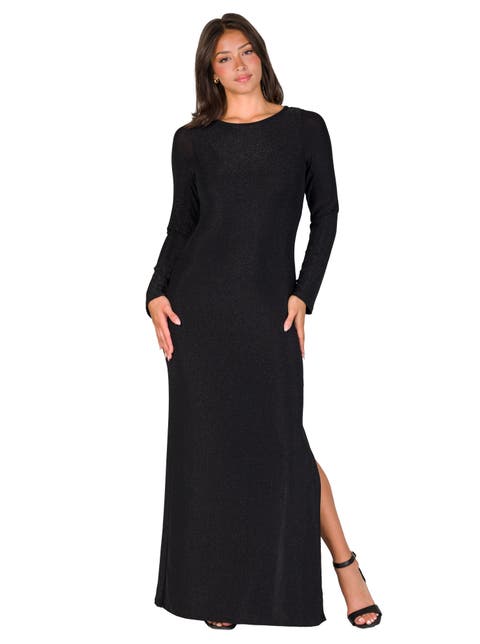 Fitted Long Sleeve Shimmery Fabric Side Slit Maxi Dress