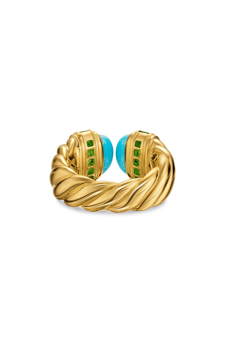 David Yurman Sculpted Cable Open Cocktail Ring in 18K Yellow Gold with Turquoise and Tsavorites, 12.4mm, Alternate, color, Turquoise