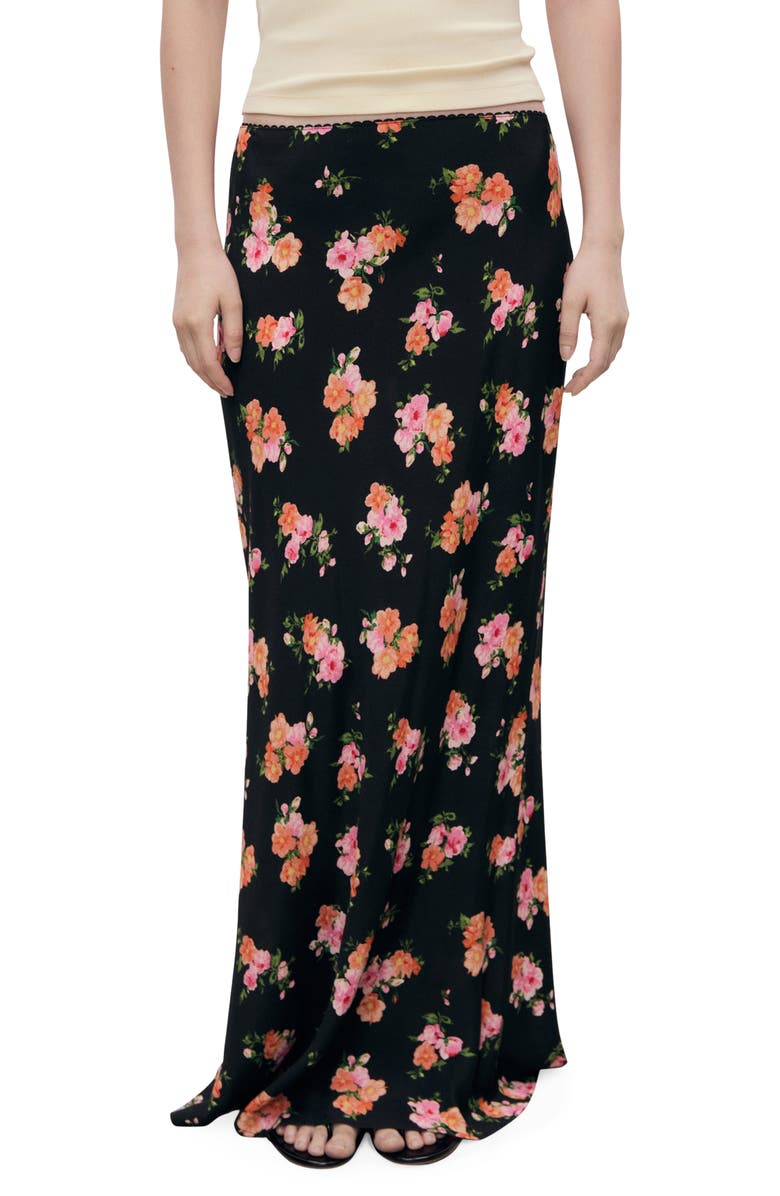 MANGO Lace Trim Floral Skirt, Main, color, Black