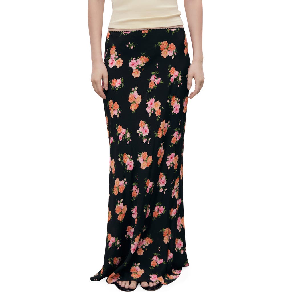 Mango Floral Skirt With Lace Trim Black In Black