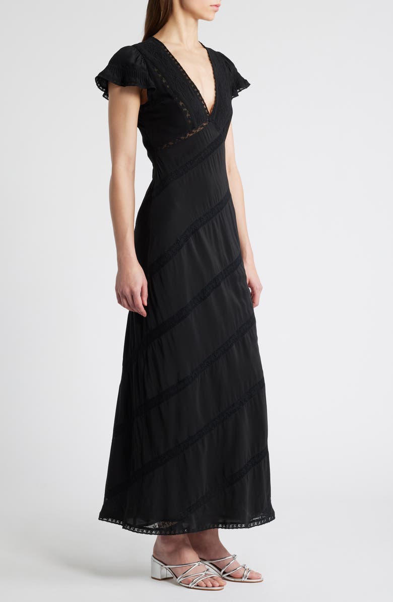 LoveShackFancy Perletta Lace Trim Silk Maxi Dress, Alternate, color, 