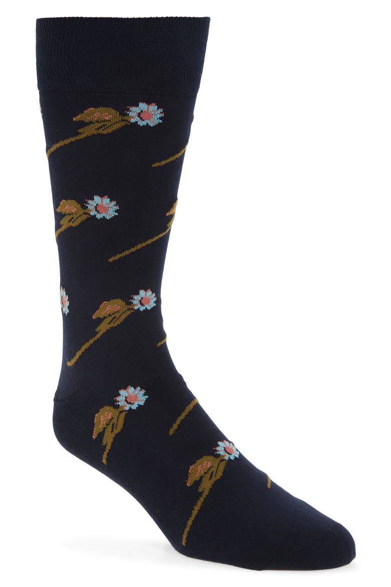 Flower Stem Dress Socks, Main, color, NAVY